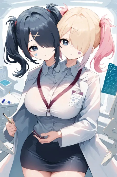 conjoined, 2girls, 2heads, twoheads, a tall thin girls with 2 heads, AmeChan, black hair, black eyes, medium hair, twintails, hair over one eye, x hair ornament, KAngel, blue eyes, multicolored hair, blonde hair, blue hair, pink hair, facial mark, twintail...