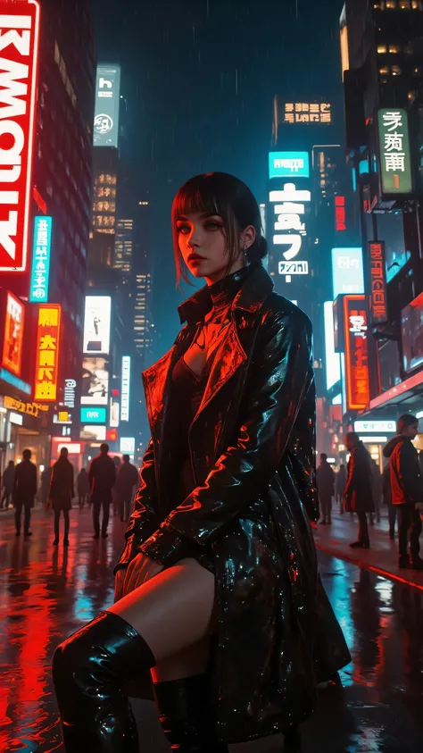 (sharp focus , accurate:1 . 1) , (bladerunner style movie poster:1 . 1) , a stunningly beautiful woman wearing an (avant-garde fashion:1 . 4) fur trimmed black leather coat , (thigh boots:1 . 1) , (bumper bangs and victory rolls hairstyle:1 . 1) , pal...