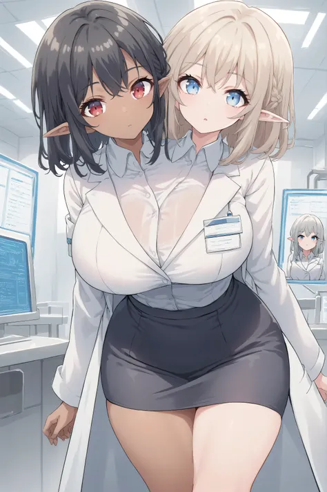 2heads, twoheads, a tall thin girl with 2 heads, white hair, black hair, blue eyes, red eyes, elf ears, half dark skin and light beige skin, two tone skin, light beige skin, dark skin, white shirt, lab coat, black pencil skirt, black skirt, large breasts, ...