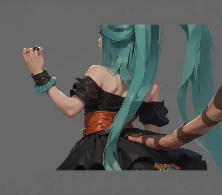 JinxPowder,A cute ,Back view,from back, raise your arm ,Wear wrist braces on your wrists,black leather wrist, slender fingers, at the bottom for more details,
