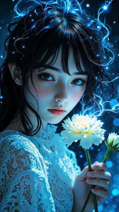 8k, Masterpiece, Top Quality, slightly high angle view, woman appearing as spirit composed of swirling glowing cyan blue light energy particles, dark wavy hair glowing highlights flowing upwards, delicate pointed ears, gazing softly down, gently holding si...