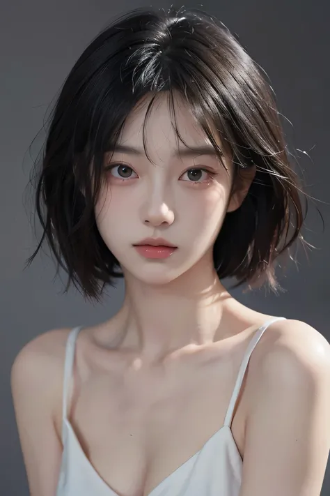 Cold girl,1girl,solo,realistic,black hair,short hair,looking at viewer,arms at sides,brown eyes,OceanHeart,upper body,collarbone,grey background,bare shoulders,simple background,small breasts,(closed mouth:1.3),breast slip,, best quality , masterpiece, ill...