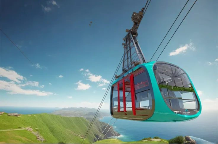 Photorealistic image of a modern red cable car ascending a lush green mountain. Below is a stunning panoramic view of a calm turquoise sea meeting a rugged coastline. Bright daylight, clear blue sky. Wide-angle landscape shot, highly detailed, 8K