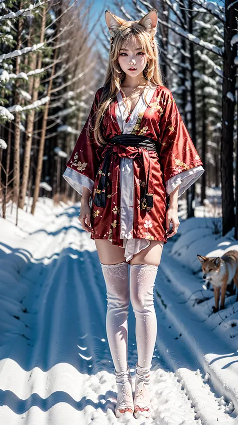 Kitsune Woman, with white fox ears and nine tails, wearing a white and red kimono, protecting a litter of foxes, In a snowy forest. Belle, PERSEPHONE, (fullbody:1.8)