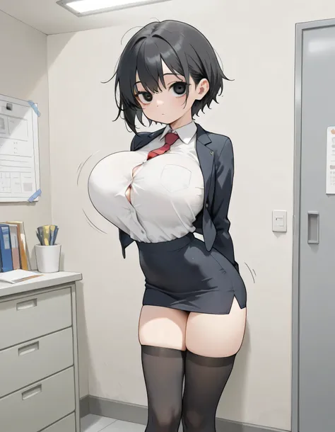 very small female, BREAK, solo, 1 skinny girl standing, (very perite girl), (very small girl:1.2), large eyes, detailed black eyes, black hair, BREAK, (disproportionately huge breasts:1.3), (too short torso), (too short waist), too narrow waist, skinny thi...