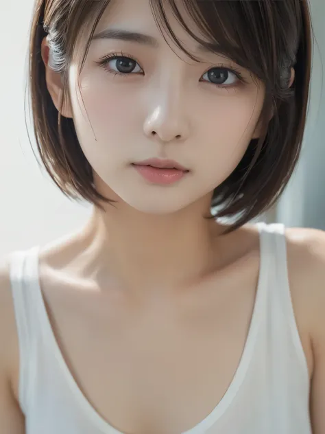 realistic , (( plain Japanese face ))、 Normal Japanese face 、Chest、 Shorthair、(( Shiny Skin ))、( slouching forward :1.3)、(( top quality 、8k、32K、 masterpiece )、( tank top)、 stand on all fours、 upper body close-ups 、(( small 、Small breasts))、(( face c...