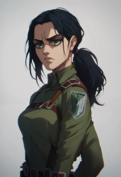 A girl character from attack on titans, long black hair, wavy ponytail, green eyes, gorgeous face. Soldier clothes, kind