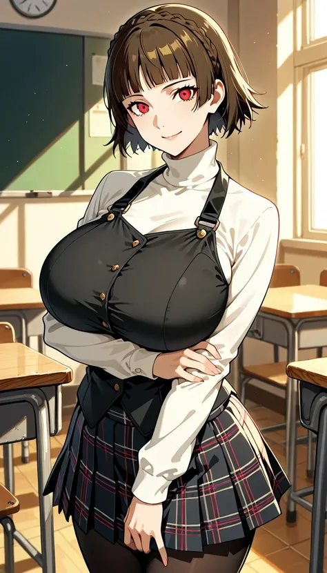 score_9, score_8_up, source_anime
1 girl, solo,
p5makoto, niijima makoto, brown hair, blunt bangs, crown braid, red eyes,
p5makoto-winuni, turtleneck, long sleeves, black vest, pleated skirt, plaid skirt, pantyhose, 
classroom, standing, smile, looking at ...