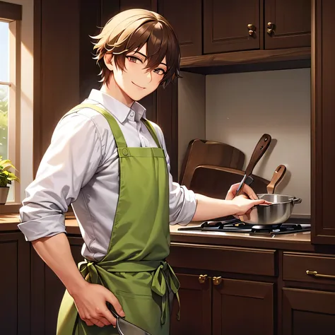 masterpiece、Great Quality、high resolution、newest、Super Detail、The most detailed eyes、most detailed face、Most detailed hair、Highly detailed body、one man、5、is manly、gentle smile、kitchen、look back here、Cooking