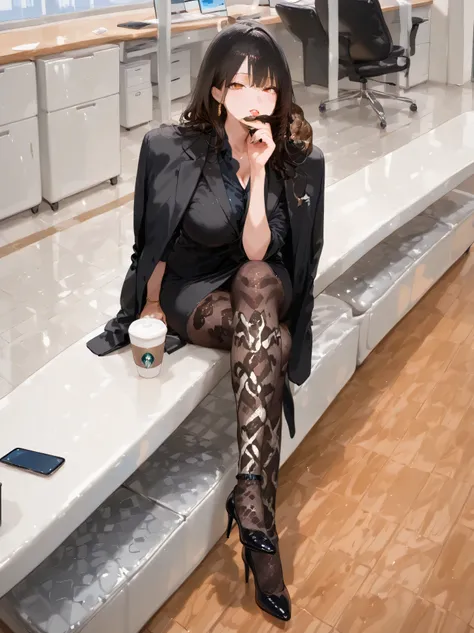 wearing a black suit，sitting in an office chair，Beautiful woman wearing snake-print socks ，Big Wave，black high heels，Anime illustration style， masterpiece, Best Quality,  Amazing quality, super detailed,high resolution