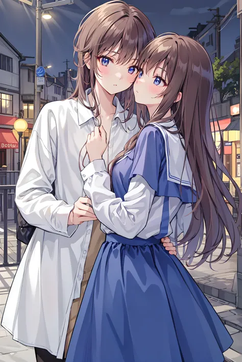 (masterpiece) attention to detail, masterpiece),(high image quality)One couple in their 20s, female1名、Kiss、Romance、Sparkling atmosphere、Glossy appearance、Night City,female(brown medium long hair )close ~ eye、Sweet Sigh、male(Black Disheveled Hair、Y shirt, s...