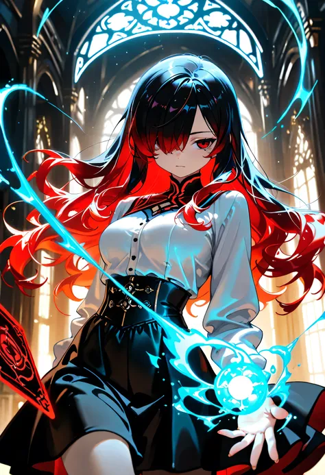 1girl, Kuroki Monika, red eyes, gradient hair, black hair, red hair, long hair, asymmetrical hairline, hair over right eye, medium breasts, black skirt, white shirt,black wizard sacarf,magic card,blue magic effect,fancy golden palace
cinematic angle, deta...