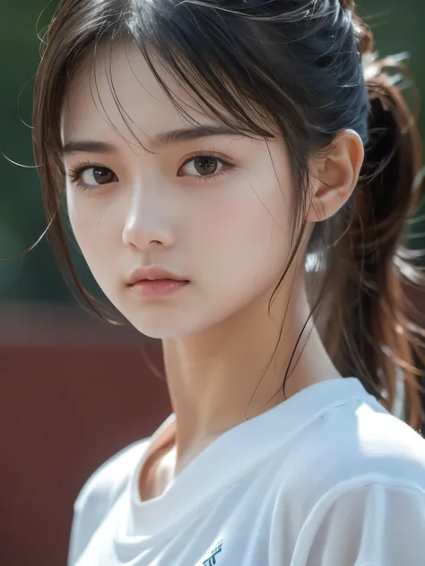 Sporty Girl, Dynamic Pictures , Black Hair, Long Hair, ponytail, bangs, Thready hairstyle/hair, Expressive Hair , Droopy eyes, Sad Eyes , Light-pigmented eyes, Drooping eyebrows, high definition, masterpiece, accurate, is anatomically correct, has w...
