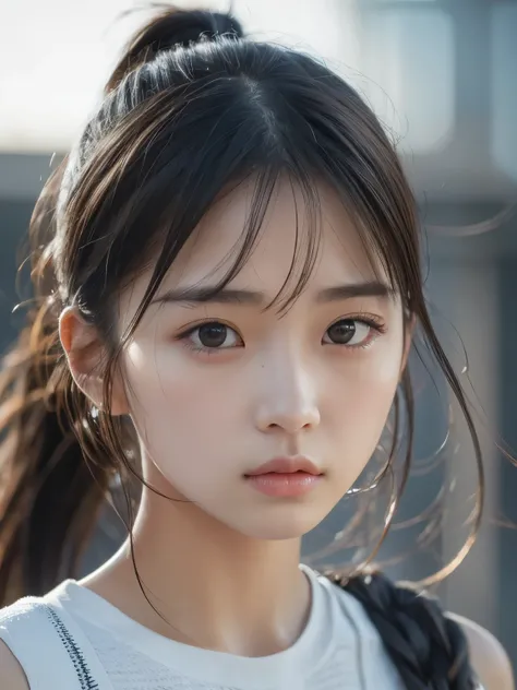 Sporty Girl, Dynamic Pictures , Black Hair, Long Hair, ponytail, bangs, Thready hairstyle/hair, Expressive Hair , Droopy eyes, Sad Eyes , Light-pigmented eyes, Drooping eyebrows, high definition, masterpiece, accurate, is anatomically correct, has w...