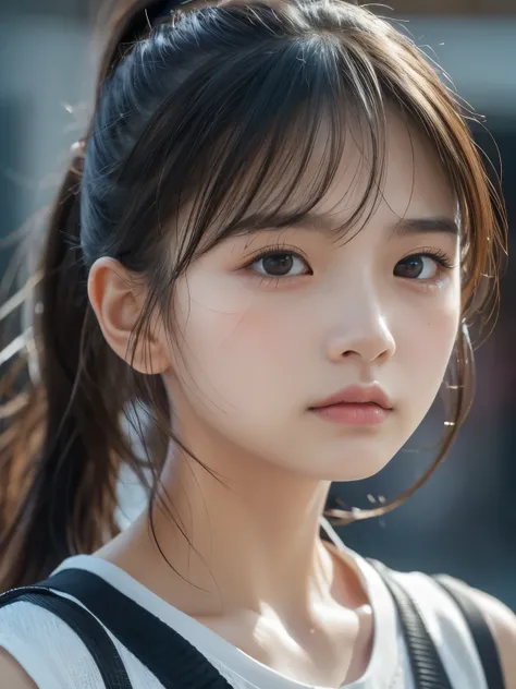 Sporty Girl, Dynamic Pictures , Black Hair, Long Hair, ponytail, bangs, Thready hairstyle/hair, Expressive Hair , Droopy eyes, Sad Eyes , Light-pigmented eyes, Drooping eyebrows, high definition, masterpiece, accurate, is anatomically correct, has w...