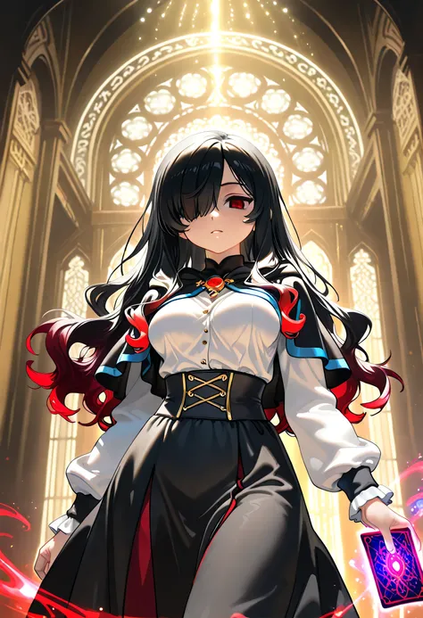 1girl, Kuroki Monika, red eyes, gradient hair, black hair, red hair, long hair, asymmetrical hairline, hair over right eye, medium breasts,  black skirt, white shirt,black wizard sacarf,magic card,blue magic effect,fancy golden palace
cinematic angle, deta...