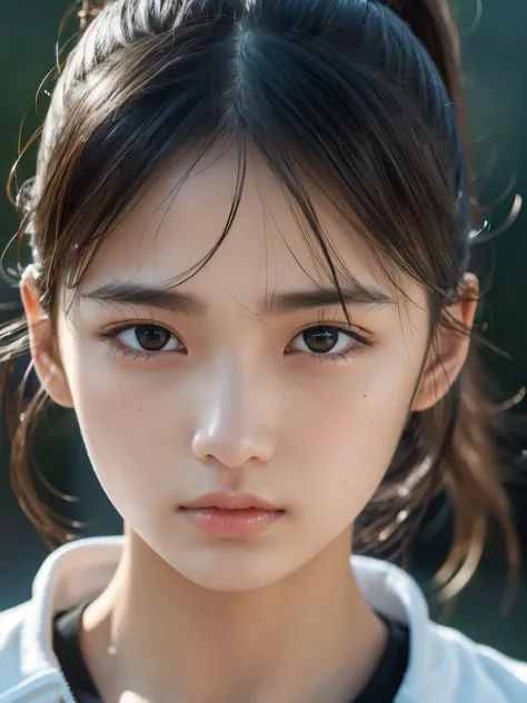 Sporty Girl, Dynamic Pictures , Black Hair, Long Hair, ponytail, bangs, Thready hairstyle/hair, Expressive Hair , Droopy eyes, Sad Eyes , Light-pigmented eyes, Drooping eyebrows, high definition, masterpiece, accurate, is anatomically correct, has w...