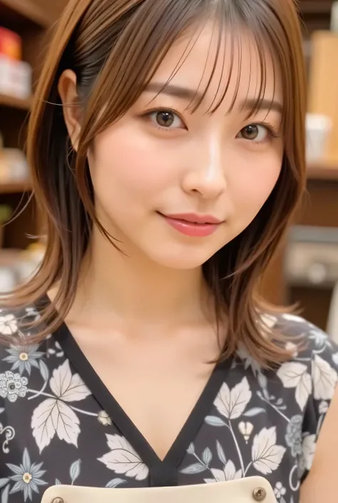(best quality、table top、8k、best image quality、超A high resolution:1.5, (photorealistic:1.4),masterpiece:1.2,(top-quality:1.4)、Raw photo)、Woman working at a cafe、apron、上品なシャツとapron、(accentuate your body line:1.1)、portrait of a beautiful woman、most elegant a...