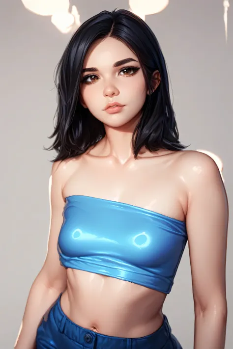 black hair, medium hair, black thin eyebrows, dark brown eyes, nose, lips, collarbone, small breasts, (blue tube top), navel, (blue pants), standing, (looking at viewer), simple background