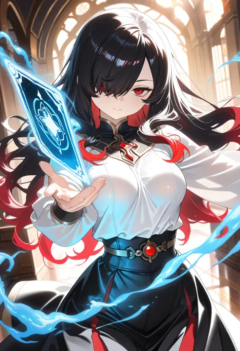 1girl, Kuroki Monika, red eyes, gradient hair, black hair, red hair, long hair, asymmetrical hairline, hair over right eye, medium breasts, black skirt, white shirt,black wizard sacarf,magic card,blue magic effect,fancy golden palace
cinematic angle, deta...