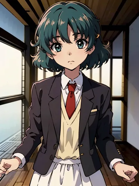 in room, anime style, 8k, masterpiece, ultra high res, focus upper body, medium bob hair, flip out hair, marine blue hair, break wearing school uniform, black blazer, break red tie, scowl,