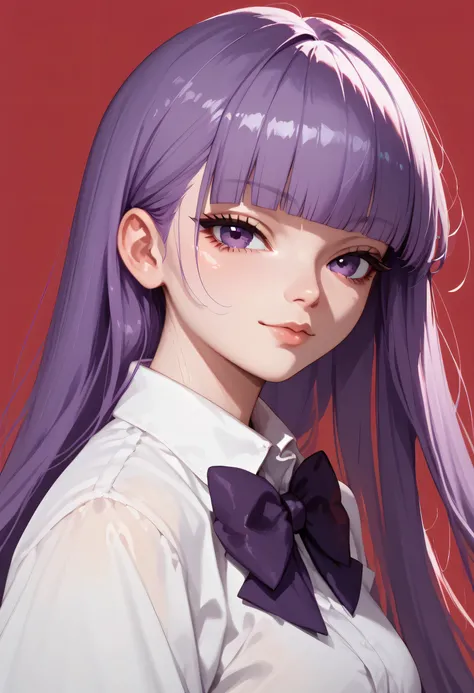 red background, purple hair, long hair, purple eyes, 1girl, solo, simple background, bow, blunt bangs, bangs, looking at viewer, bowtie, very long hair, upper body, shirt