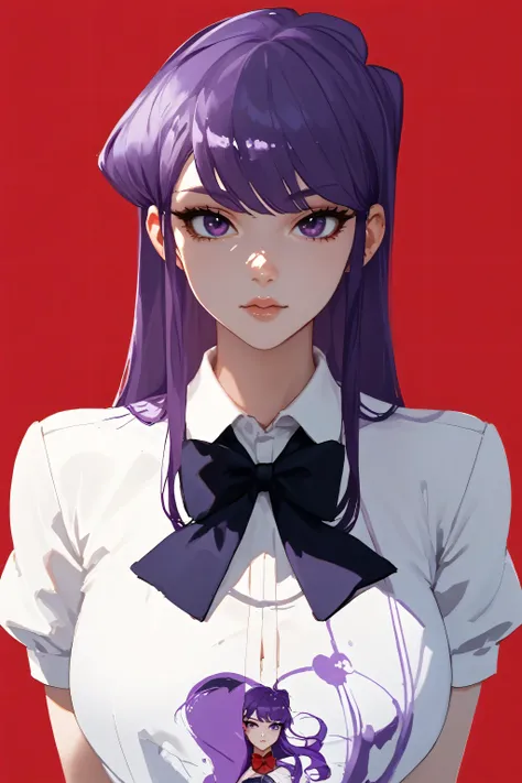 red background, purple hair, long hair, purple eyes, 1girl, solo, simple background, bow, blunt bangs, bangs, looking at viewer, bowtie, very long hair, upper body, shirt