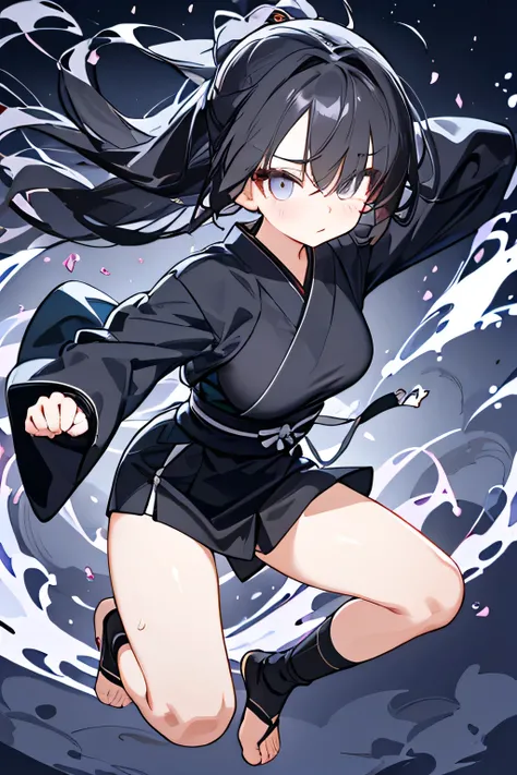 NINJA WIND,（（Hair covering one eye）），mystical atmosphere， natural body，（Ninja costume＋shorts，）， socks，detailed clothes，（slender figure，marshmallow breasts ，），beautiful black hair，well-groomed face，Clear Skin，middle school students，Fair skin，Japanese face，