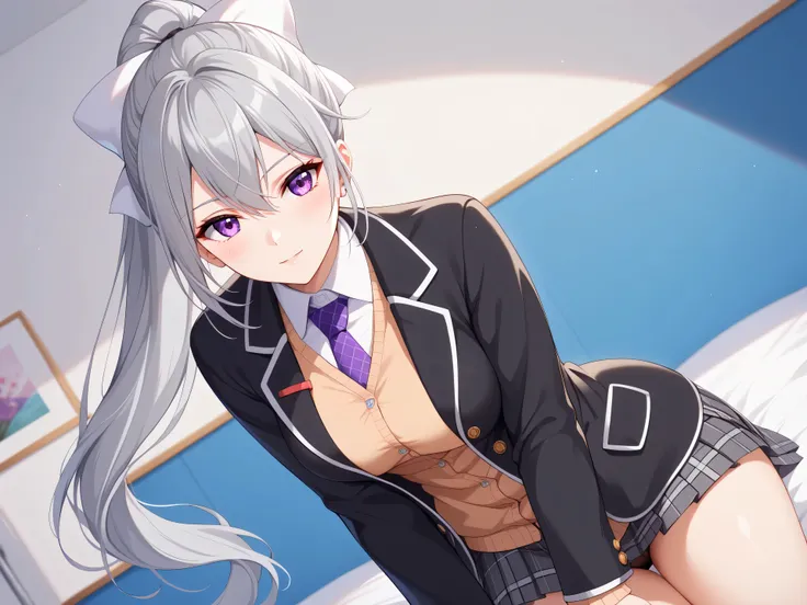 1woman,best quality,ultra-detailed,high resolution,extremely detailed CG,unity 8k wallpaper,score_9, score_8_up, score_7_up, score_6_up, score_5_up, score_4_up, rating_questionable,hk1, purple eyes, grey hair, hair between eyes, long hair, ponytail, bow, w...