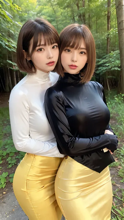 portrait,((A picture showing two women wrapped in a smooth satin suit wearing a high neck t-shirt made of satin)),(masterpiece, best quality , ultra high definition),very detailed CG,(They both have short hair bob style bangs) ,((Eye makeup for long eyelas...