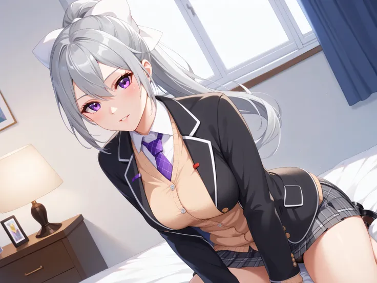 1woman,best quality,ultra-detailed,high resolution,extremely detailed CG,unity 8k wallpaper,score_9, score_8_up, score_7_up, score_6_up, score_5_up, score_4_up, rating_questionable,hk1, purple eyes, grey hair, hair between eyes, long hair, ponytail, bow, w...