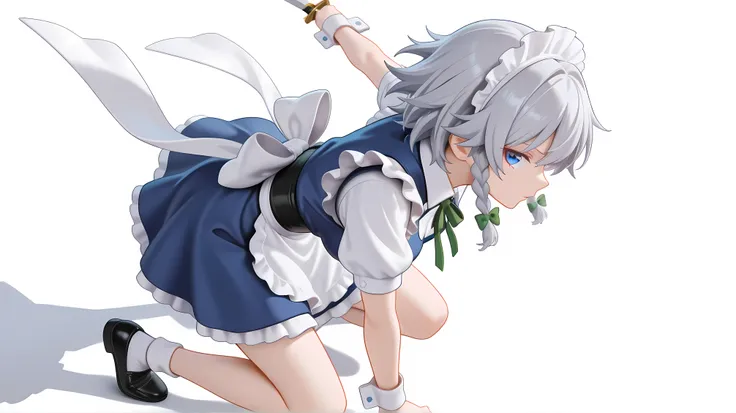 {{{cyberpunk}}},action pose out of frame,      ,very close to viewer,lean forward,{{squat}},hand on ground,{{bend down}},battle scene, [foreshortening], girl, mouth,,from above,[Dutch angle],[[white background]],izayoi sakuya, 1girl, solo, grey hair, blue ...