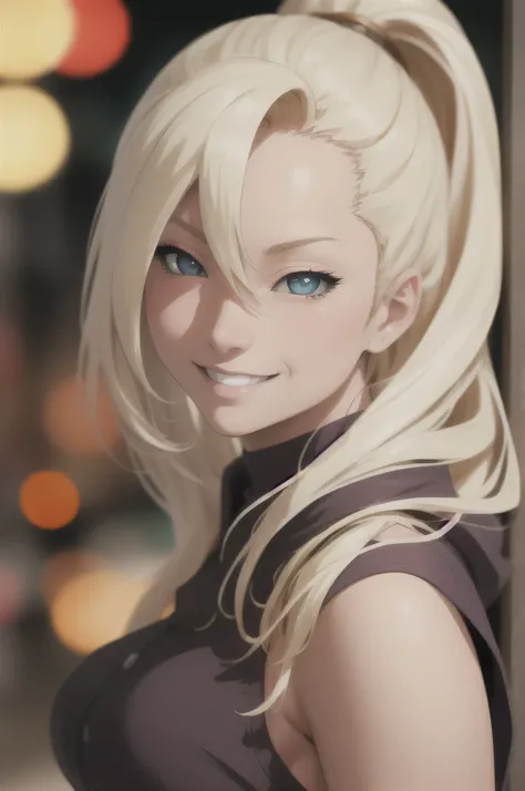 Ino Yamanaka, ( Bokeh effect ), Portrait, masterpiece, 8k, ultra high quality, ultra realistic, ultra high definition, anime art, smiling, cute, seductive