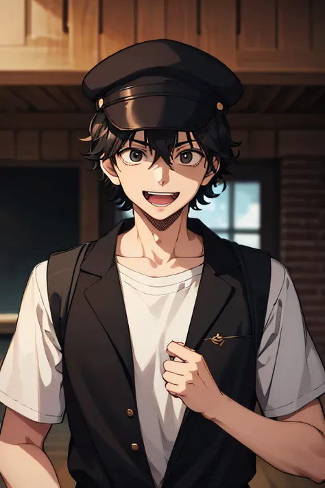 19 year old man, Indonesian, genius, a criminal, not too tall body around 170 cm, black hair, slightly curly hair, black eye color, evil laughing face, wearing a brown flat cap, wearing a black overall men jumpsuit, white t-shirt, facing forward, looking f...