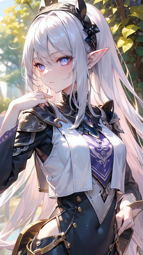 ((silver hair)), highly detailed face and eyes, very long hair, jewelry, purple hairband, long pointy ears, anime, masterpiece, textured skin, (super detail), award winning, (best quality), elf, in forest, Sunbeams filtering through the trees, (Tank top), ...