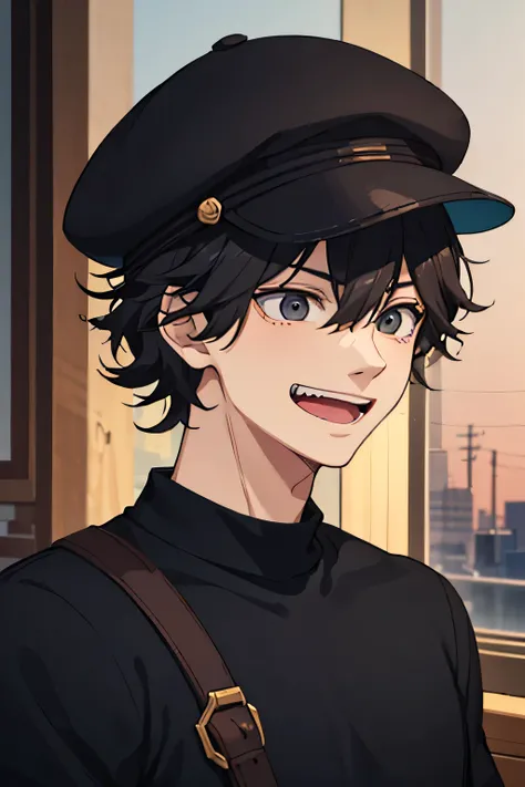 19 year old man, Indonesian, genius, a criminal, not too tall body around 170 cm, black hair, slightly curly hair, black eye color, evil laughing face, wearing a brown flat cap, wearing a black overall men jumpsuit, white t-shirt, facing forward, looking f...