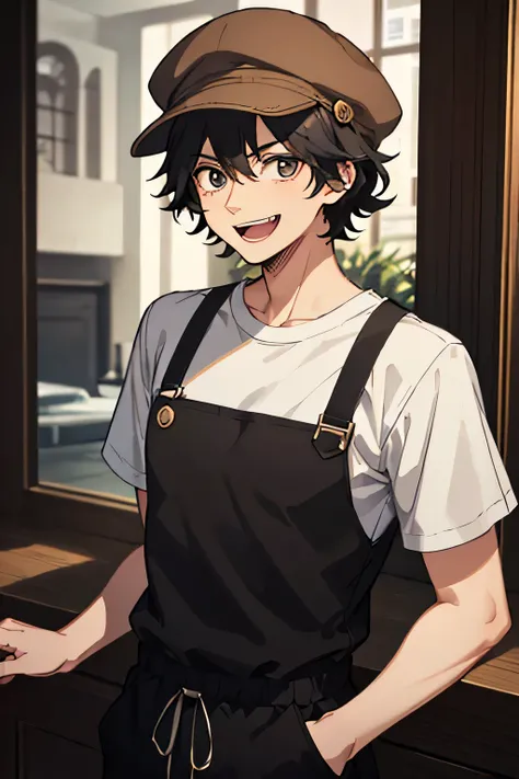 19 year old man, Indonesian, genius, a criminal, not too tall body around 170 cm, black hair, slightly curly hair, black eye color, evil laughing face, wearing a brown flat cap, wearing a black overall men jumpsuit, white t-shirt, facing forward, looking f...