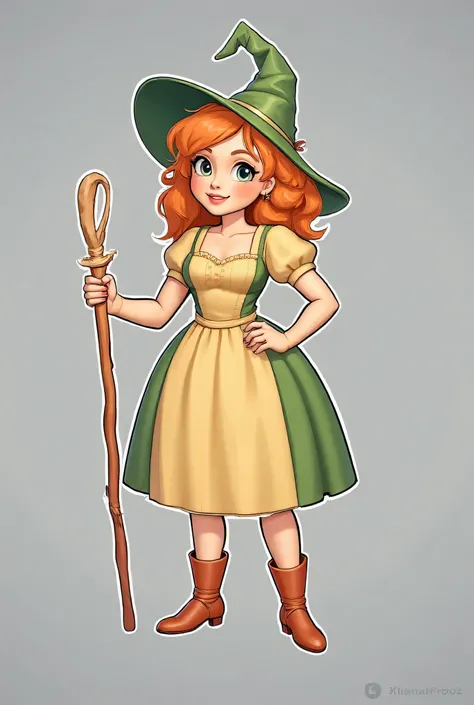 Smiling young female witch, 25 years old, cartoon style, wearing a vibrant green pointed hat,  orange-red curly hair in pigtails, and a light green apron over a tan, striped dress.  Detailed depiction of a  medieval-fantasy style costume; the green and tan...