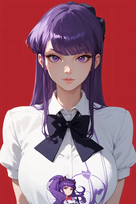 red background, dark purple hair, long hair, purple eyes, 1girl, solo, simple background, bow, blunt bangs, bangs, looking at viewer, bowtie, very long hair, upper body, shirt