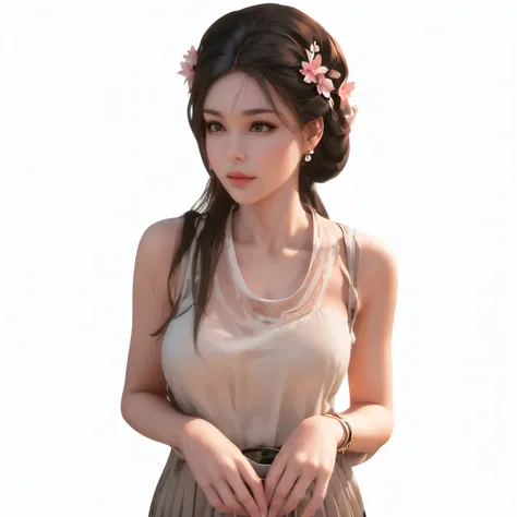 Front view of a woman，Extra large cup， are perfectly detailed，has exquisite facial features， Clothes are exquisite ， Game Character Design ，3D Rendering
