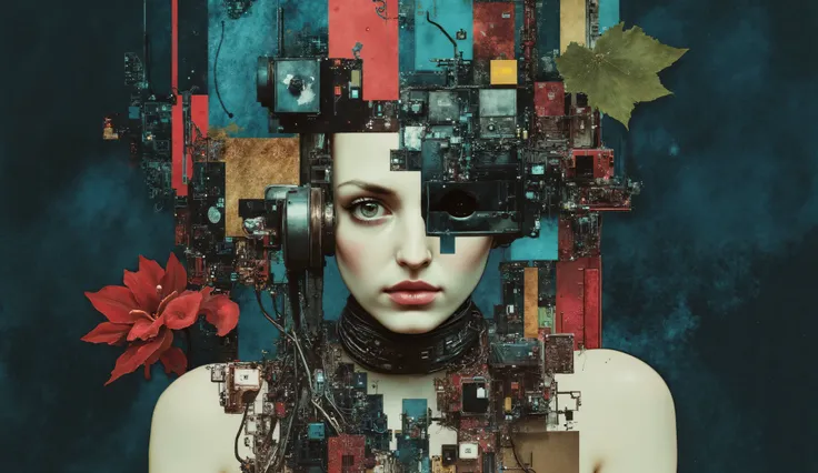 a digital illustration inspired by H.R. Giger, depicting an industrial machine integrated with a humanoid figure, connected by complex cables and wires, in Electric Blue, Wheat, Khaki (HTML/CSS), Dark Candy Apple Red, Blood Red tones, with a melancholic ex...