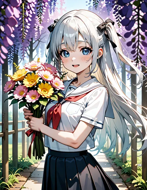(score_9, score_8_up, score_7_up), source_Anime, absurd_res, white, blue, black, 1girl, solo, upper body, super fine illustration, an extremely delicate and beautiful, best quality, masterpiece, 8K, spring setting, wisteria flowers, gentle breeze, sunlight...