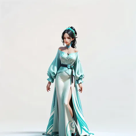 front view of a woman ,The extra large cup, are perfectly detailed ,has a delicate facial contour, Beautifully dressed , game character design ,3D Rendering