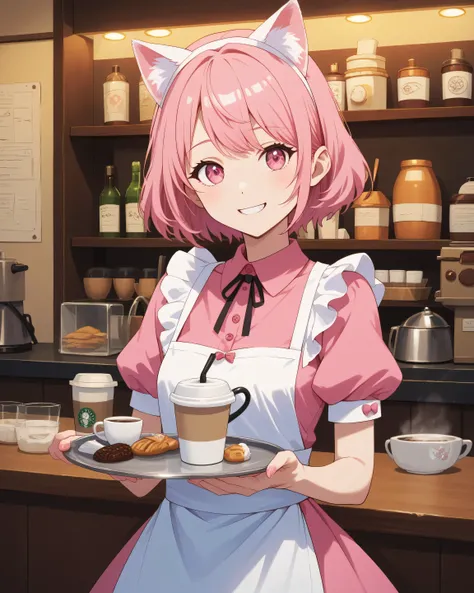 Top quality, high resolution, detailed, beautiful quality, illustration of a girl with big pink eyes, wearing a cute frilly pink waitress outfit, pink hair, white cat ears headband, fluffy short hair, big pink eyes, shining eyes, smiling, holding a tray of...