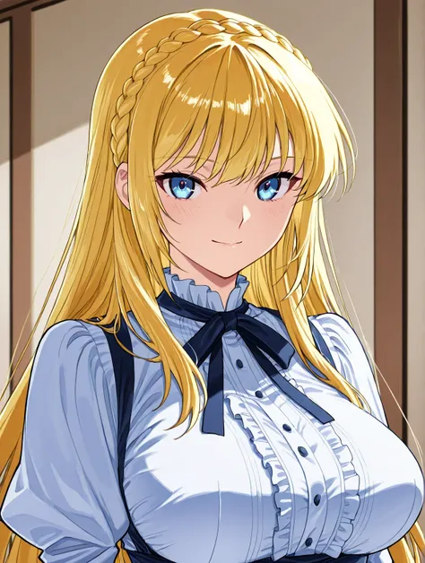 score 9 、score 8 up、score 7 up、source anime、傑作、最高品質、高解像度、1girl、アニメガール  with blue eyes and blonde hair、solo、変化 in frilled blouse、portrait of 変化ta、blonde hair、長髪、青い瞳、french braid、crown braid、美しいアニメの女の子、立っている、色付きスケッチアニメマンガパネル、2000年代のアニメの芸術スタイル、big breasts、lar...