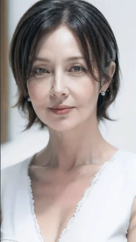 ((Highest Quality)), ((8K)), ((Masterpiece: 1.3)), (Perfect Look), (Photorealism: 1.6), ((Monochrome: 1.3)), (MY), (KE), (Mature Woman), Perfect Anatomy, ((65 Years Old)), ((Beautiful Woman, Close-up of Face)), (Short Bob Hair), (Sexy Look), (Blurred Backg...