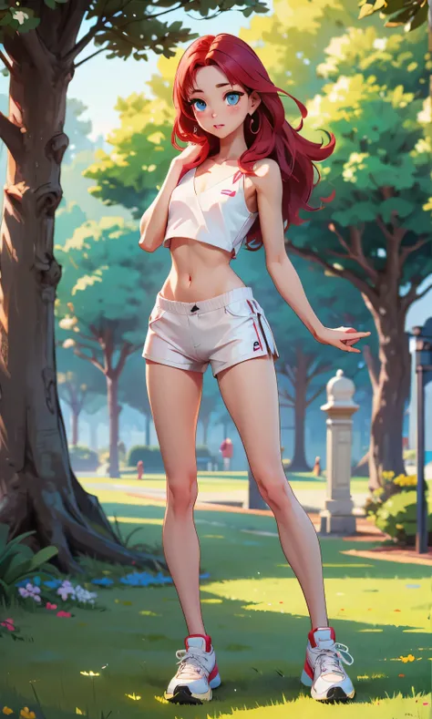 Masterpiece, high facial detail, una niña hermosa, thinand tall, skinny girl, an asian girl, Yuna from ITZY, redhead, long hair, short hair, blue eyes, blushing, a full body girl, flat chest, abdomen, textured skin, long legs, legs apart, sexy pose, white ...