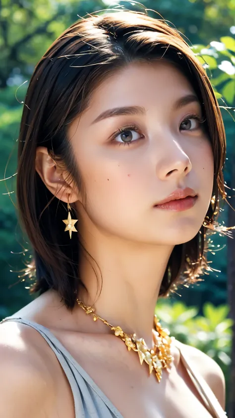 (masterpiece:1.3), (8k, realistic, RAW photos, best quality: 1.4), Japanese, (1 woman), beautiful face above the castle gate, (lively face), ( short bob hair:1.3), Beautiful Hairstyle , dark brown hair color、realistic eyes, beautiful eyes on my stom...
