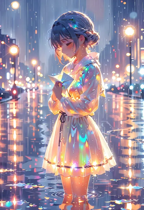 A melancholic anime-style girl standing in the rain at night, holding a folded letter close to her chest. Soft lighting, glowing city lights in the background, emotional expression, dreamy atmosphere, reflective puddles, cinematic composition.