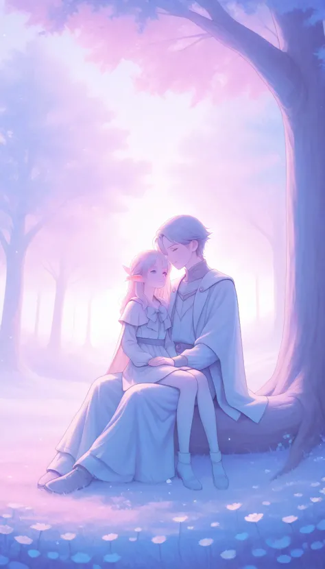 A gentle fairy sits quietly under a tree, a small dragon coiled in his lap, their bond is heart-touching and magical, mystical lighting ,  soft pastel colors , charming fantasy scene.